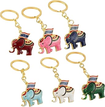 6pcs Thailand Elephant Keychain Souvenir Set, Alloy Enamel Lucky Elephant Key Ring with Thai Flag for Travel Gifts Collectibles