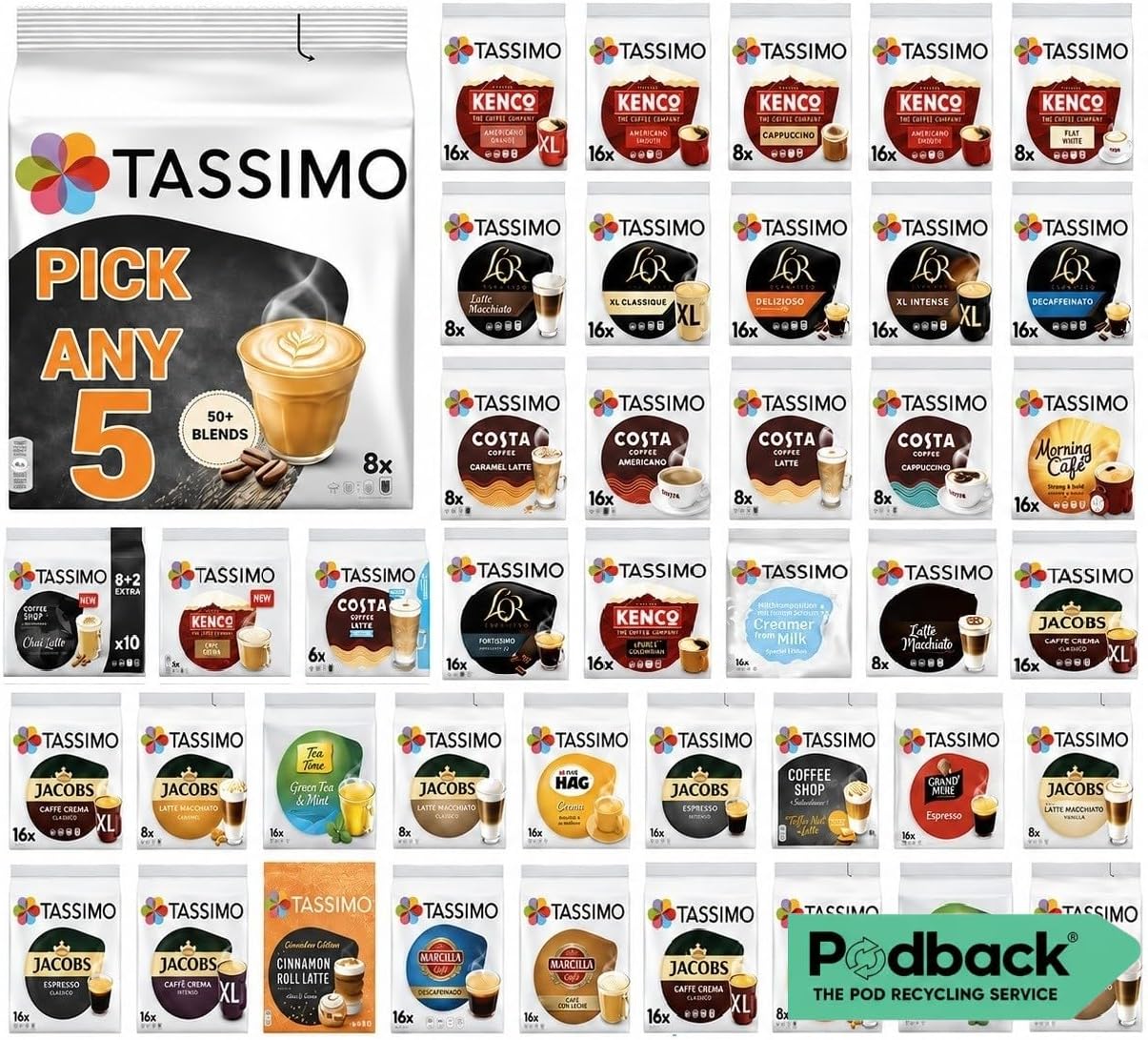Tassimo Coffee, Tea, Chocolate Pods. Pick Any 5 Packs from 50+ Blends Including Kenco, Costa, Jacobs, Hot Chocolate, Chai latte, Baileys, Cadbury, Milka, Oreo, Cafe Hag and More.