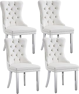 White Velvet Dining Chairs Set of 4, High-end Tufted Dining Room Chair with Back Ring Pull Trim and Silver Stainless Steel Legs, Modern Upholstered Kitchen Chair for Living Room