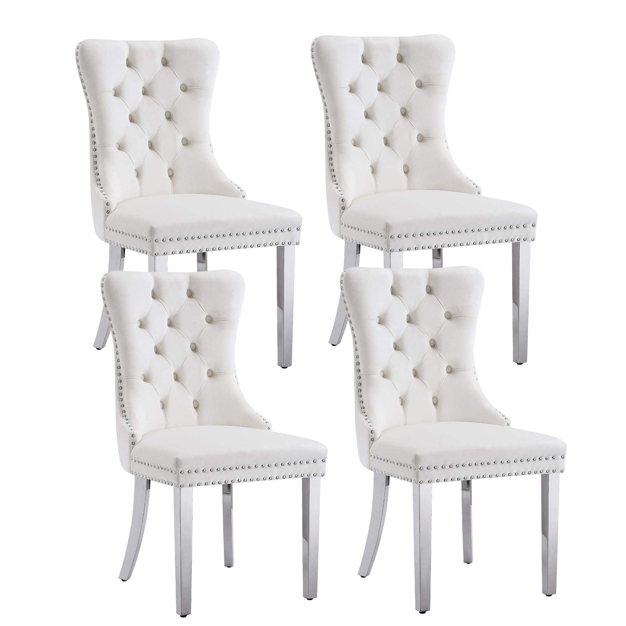 Modehodei Velvet Dining Chairs Set of 4, Luxury Upholstered Dining Room Chairs with Back Ring Pull Trim and Silver Stainless Steel Legs, Tufted Wing