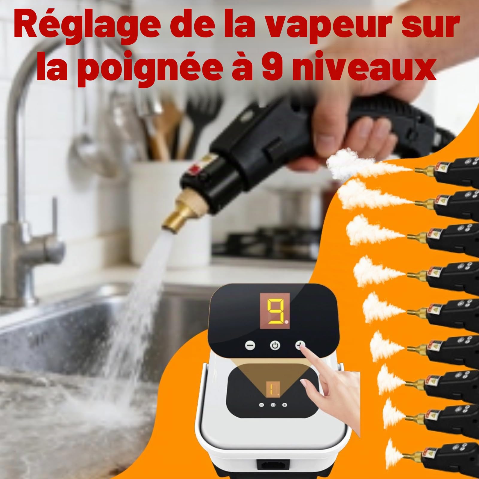 Nettoyeur Vapeur, 2500W 9 Vitesses Nettoyeur à Main Et Balai Vapeur, Nettoyeur Vapeur Haute Pression Professionnel pour Tous Les Meubles de Cuisine, Canapés, Sol, Salle de Bain, Carrelage