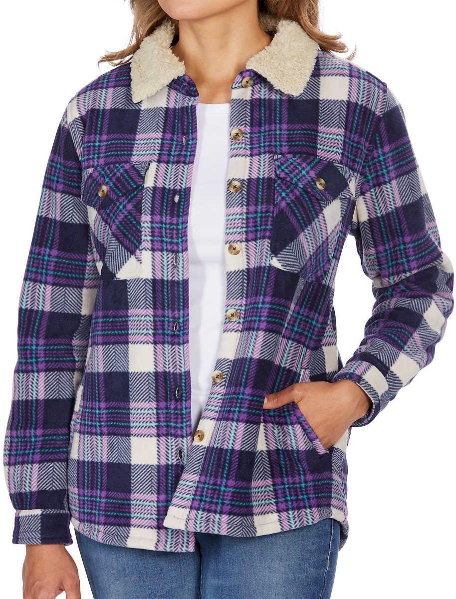 Women's Long Sleeve Plaid Fleece Jackets| Super Plush Sherpa Lined Shirt Jacket Tops with Pockets (Small, Blue-Purple)