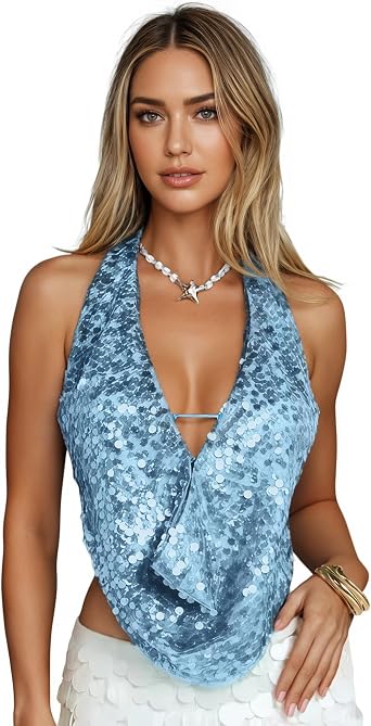 Women Sexy Halter Deep V Cowl Neck Sparkling Sequin Open Back Crop Cami Top Clubwear Rave Outfits