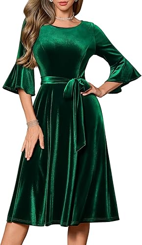 HomRain Women's Long Sleeve Velvet Midi Dresses for Wedding Guest Church Formal Winter Christmas Cocktail Party