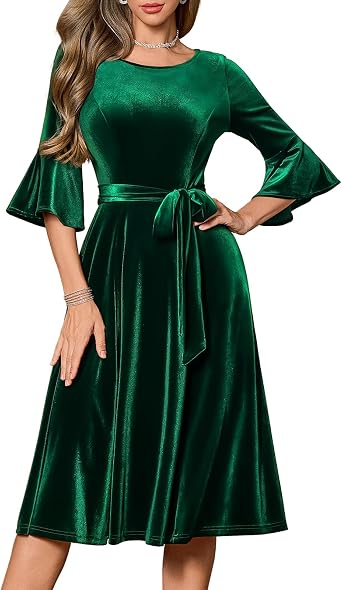 HomRain Womens Long Sleeve Velvet Midi Dresses for Wedding Guest Church Formal Winter Christmas Cocktail Party