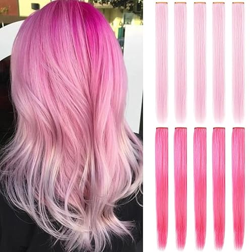 10 extensiones de cabello de color rosa claro y rosa intenso de 20 pulgadas para niñas, extensiones de cabello de color con clip para mujer,