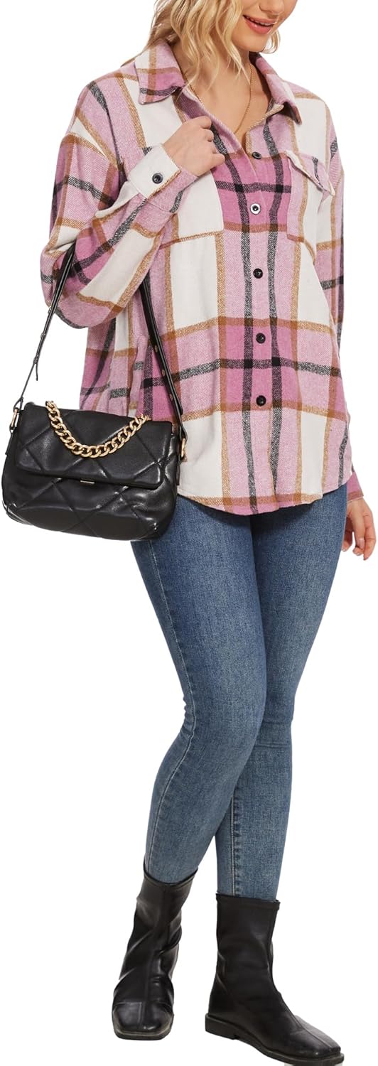 Moss Rose Womens Casual Plaid Shackets Button Down Long Sleeve Jacket Coats Shirts - Image 6