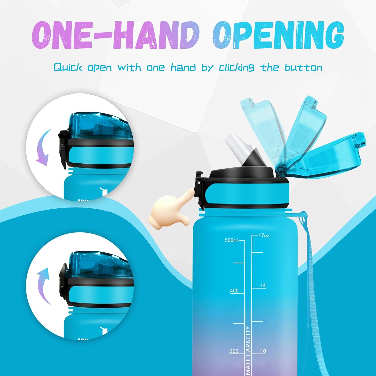 Grsta Water Bottle, 500 ml Children's Drinking Bottle, Water Bottle with Straw, Easy to Clean, Leak-Proof, Water Bottle Time Marking, Water Bottle for School, Travel, Camping, Blue/Purple