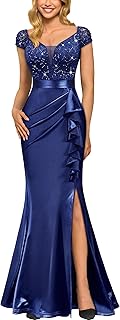 Women's Vintage V-Neck Slim Style Ruffle Split Evening Formal Maxi Dress