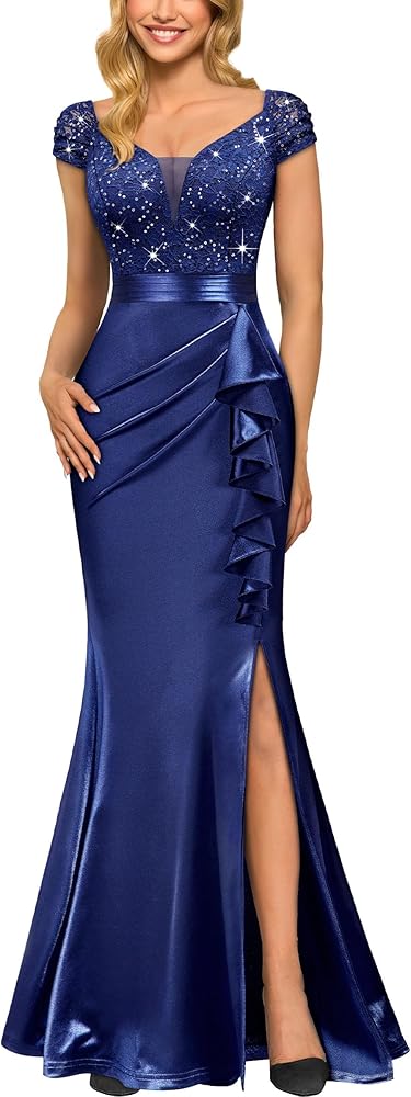 Amazon.com: Miusol Women's Vintage V-Neck Slim Style Ruffle Split Evening  Formal Maxi Dress (Small, A-Navy Blue) : Clothing, Shoes & Jewelry