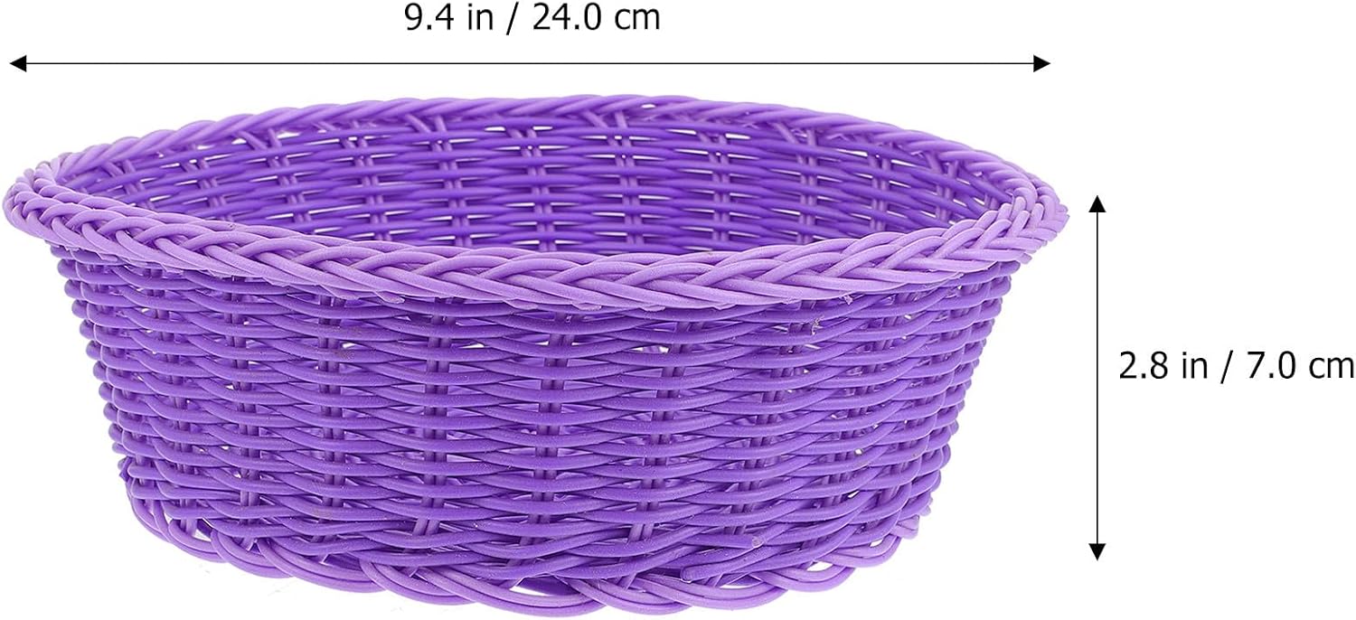 STOBAZA Bright Purple Plastic Rattan Woven Basket Round Bread and Fruit Holder Decorative Food Storage Bin for Kitchen and Home Organization
