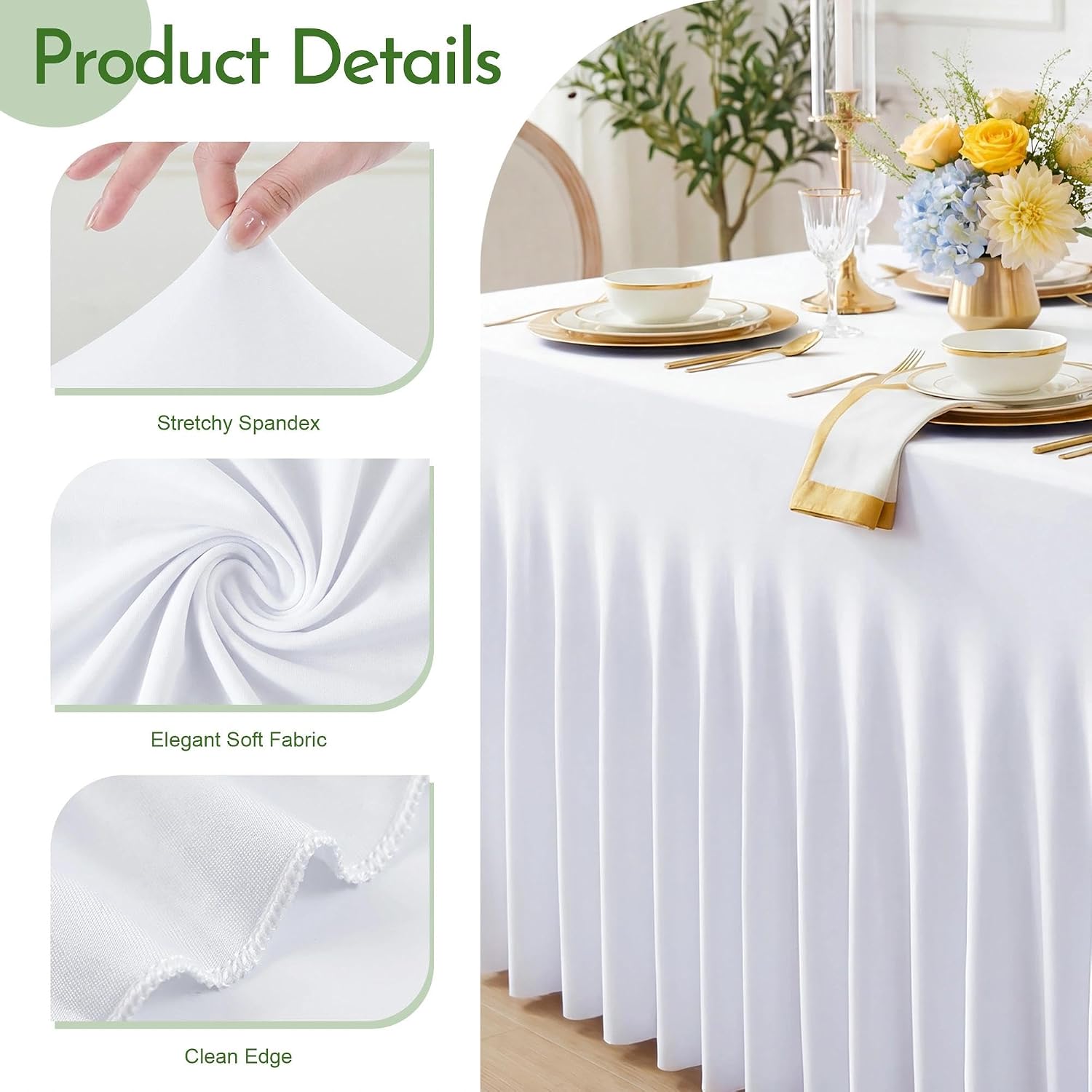 Wokceer White Spandex Tablecloth for 6FT Rectangle Table, Table Skirt Cover