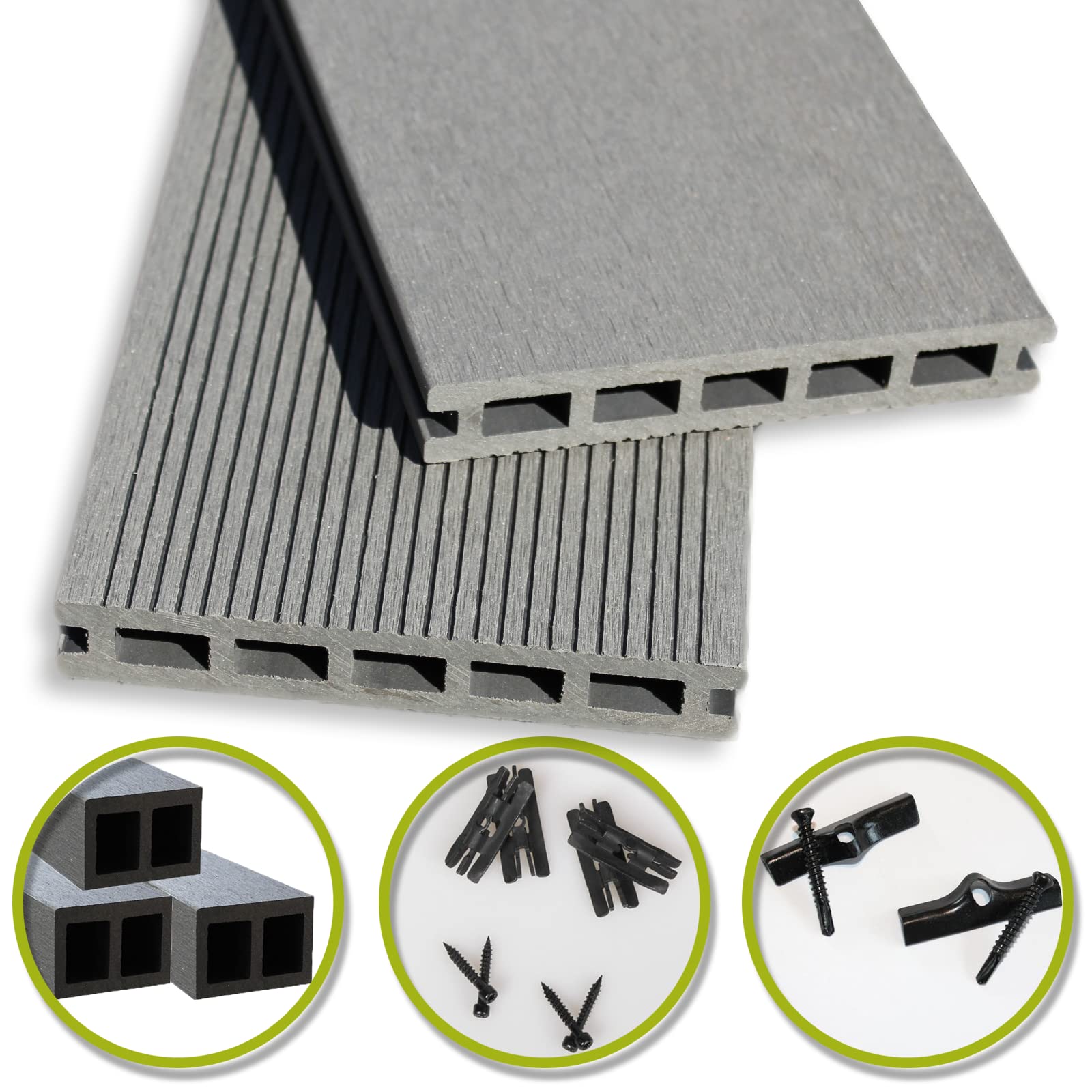 WPC Terrassendielen 22 x 140 mm - Terrassenboden Dielen Komplettset Terrassen-Bausatz mit Unterkonstruktion & Terrassen-Schrauben & Clips - Dielenlänge: 4m, Farbe: Grau | Fläche: 9m²