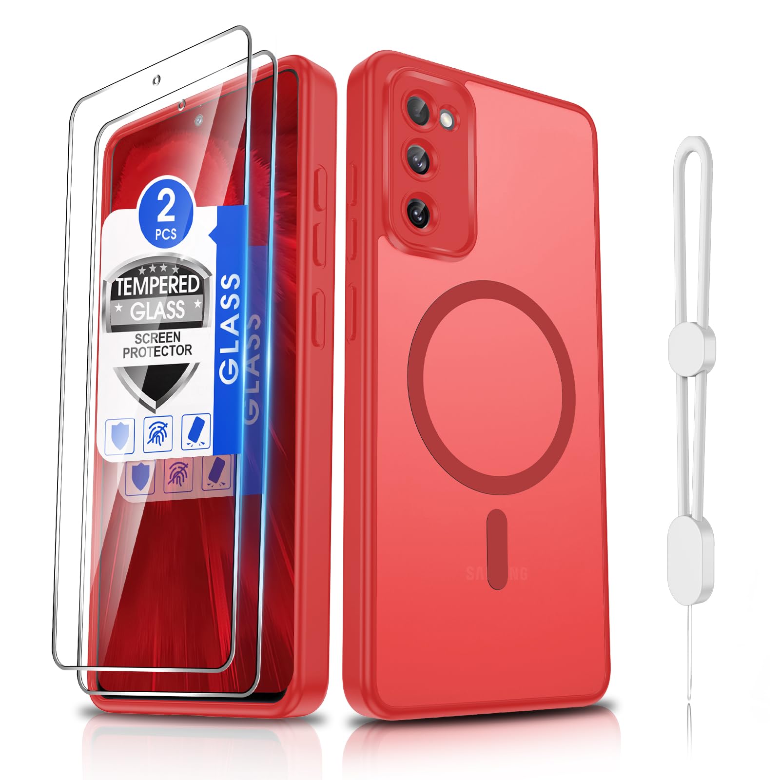 Dizn Magnetic for Samsung Galaxy S20 FE Case:[Not Fit S20],with Tempered Glass Screen Protector,Strap,Compatible with MagSafe,Matte Translucent &amp; Military Grade Funda Protective for 6.5" S20FE,Red
