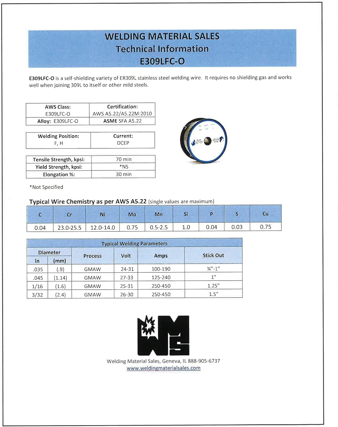 Blue Demon 309LFC-O X .035 X 1LB Spool stainless steel flux core gasless welding wire