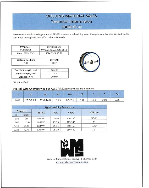 Blue Demon 309LFC-O X .035 X 1LB Spool stainless steel flux core gasless welding wire