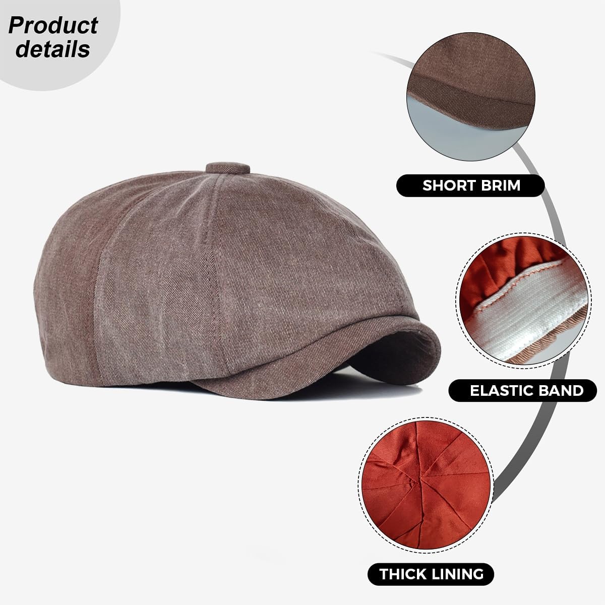 Newsboy Cap for Men Women, Classic Cotton 8 Panel Beret Hat, Adjustable Gatsby Cabbie Hat