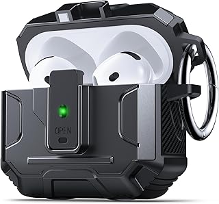 جراب علبة سماعات أذن ايربودز الجيل 4 من داسفوند، تصميم صلب من الدرجة العسكرية لحماية كاملة من الصدمات، يدعم الشحن اللاسلكي مع سلسلة مفاتيح وغطاء مغناطيسي وإضاءة ليد أمامية مرئية (أسود)