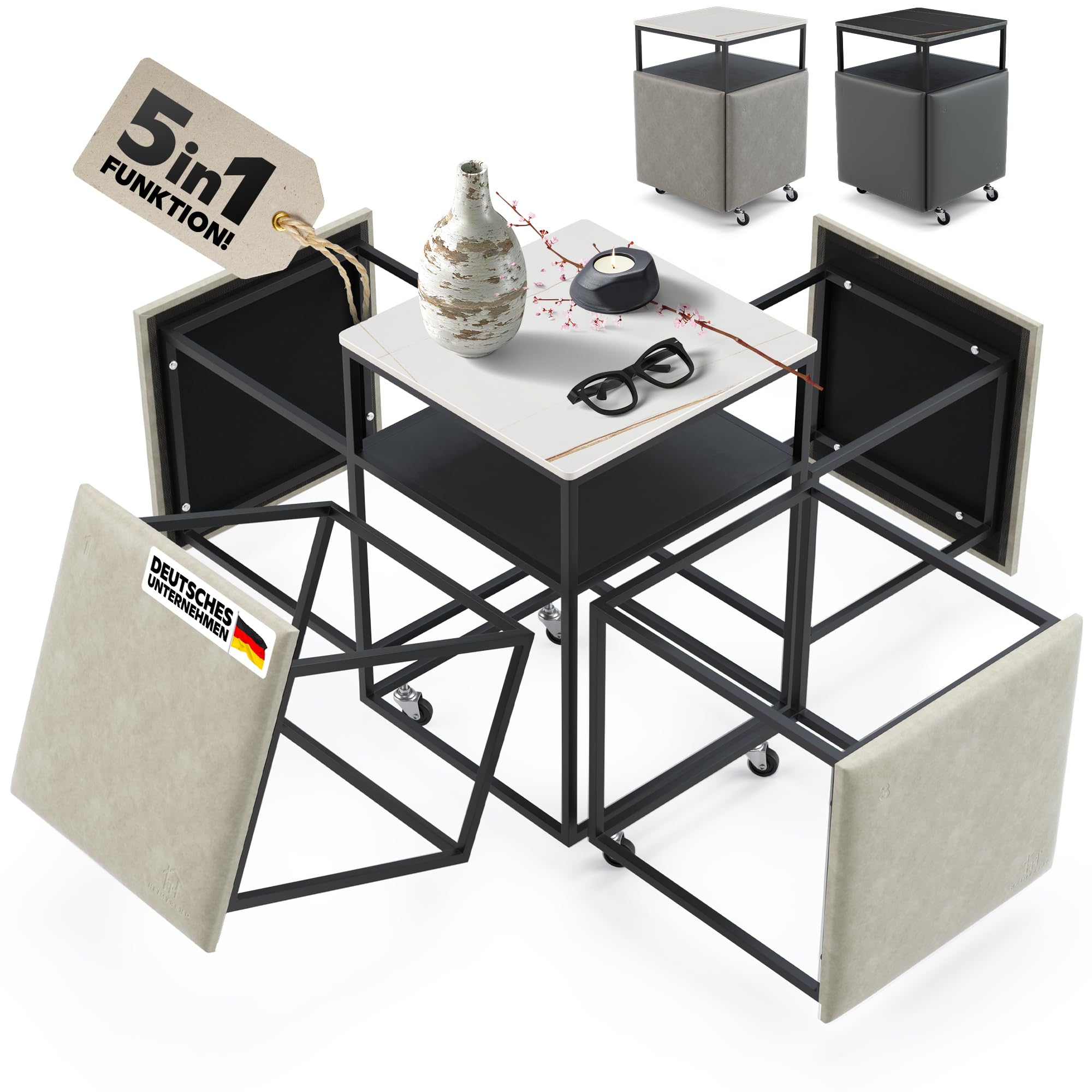 4 sgabelli con tavolino – Risparmia spazio 5 in 1 cubo grigio/bianco per soggiorno, sala da pranzo, camera degli ospiti