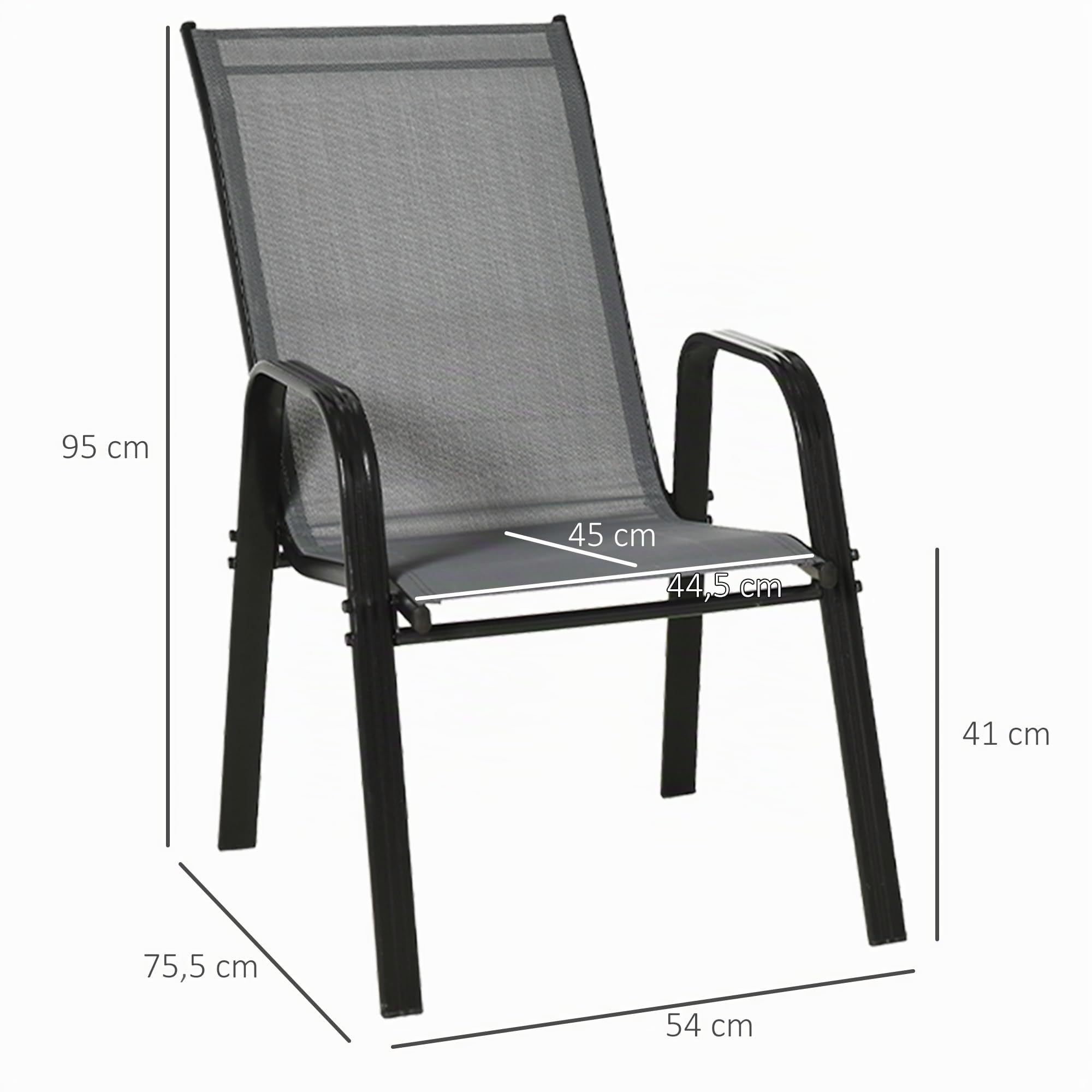 Outsunny Sillas de Jardín Exterior Apilables 54x75,5x95 cm Gris Oscuro | Juego de 4, Sillas Terraza Exterior, Sillón de Comedor, Tela Transpirable, Marco de Metal, Reposabrazos, Respaldo