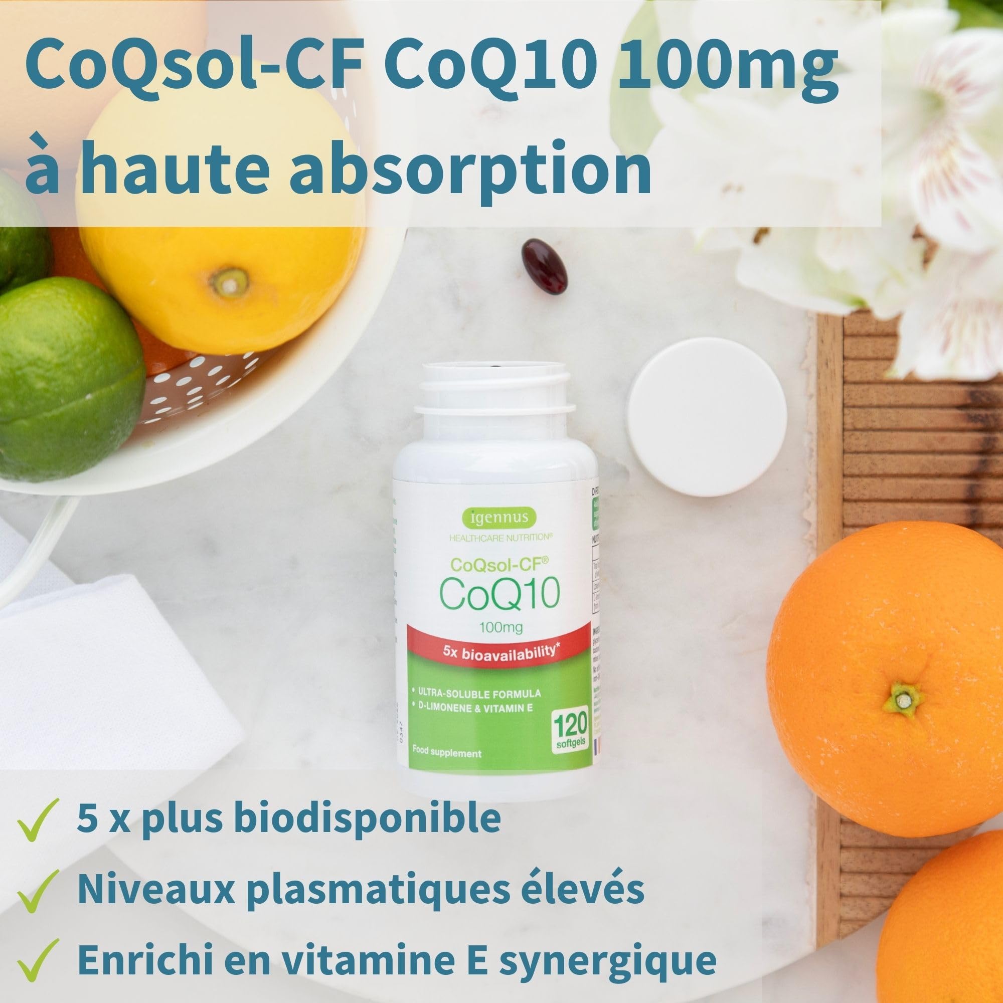 COENZYME Q10-120 Gélules, Ubiquinone à Haute Absorption, Enrichie en Vitamine E & D-Limonène, 5x plus Biodisponible, CoQ10, Formule ultra-soluble CoQsol-CF, Clean Label, 1-par-jour - par Igennus