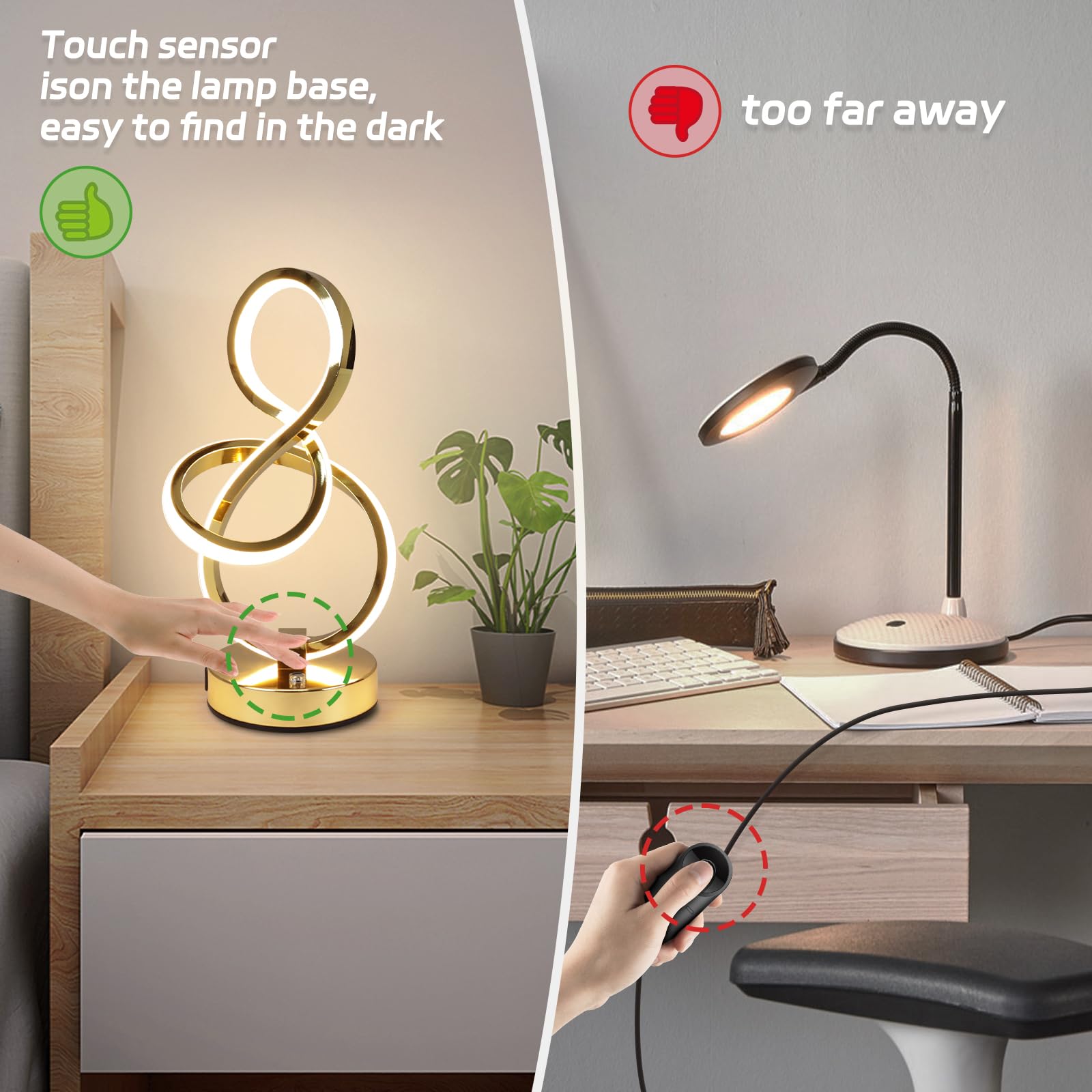 EIDEARAY Nachttischlampe – Spiral-Design, 3 Farbtemperaturen, Touch-dimmbar, Mit USB-Anschlüssen, Silber