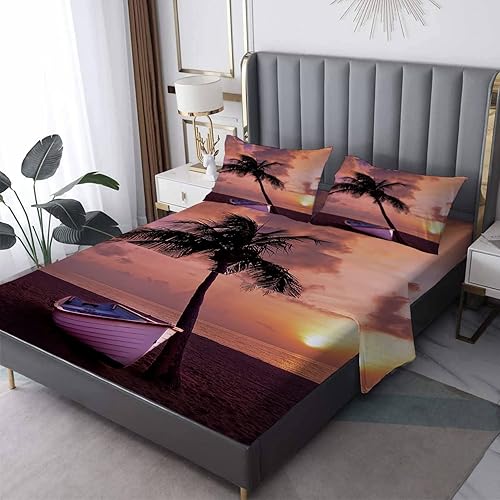 Miniatura 1 de Juego de sábanas de playa divididas tamaño King para camas ajustables, palmeras tropicales al atardecer, juego de 5 piezas, microfibra suave con