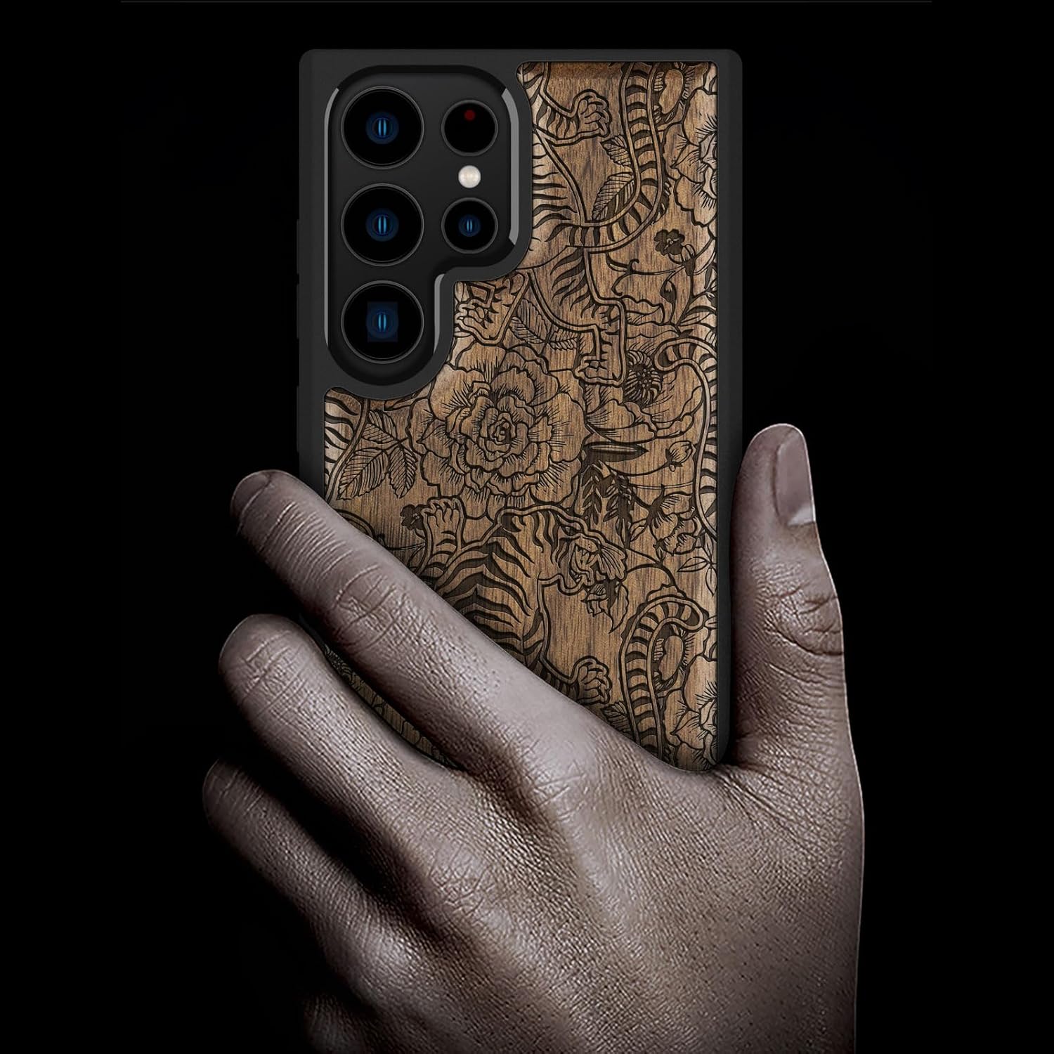 Carveit Wood Case for Galaxy S23 Ultra Case [Natural Wood & Black Soft TPU] Shockproof Protective Cover Unique Wooden Design Compatible with Samsung S23 Ultra (Tiger Amidst Flowers-Walnut)