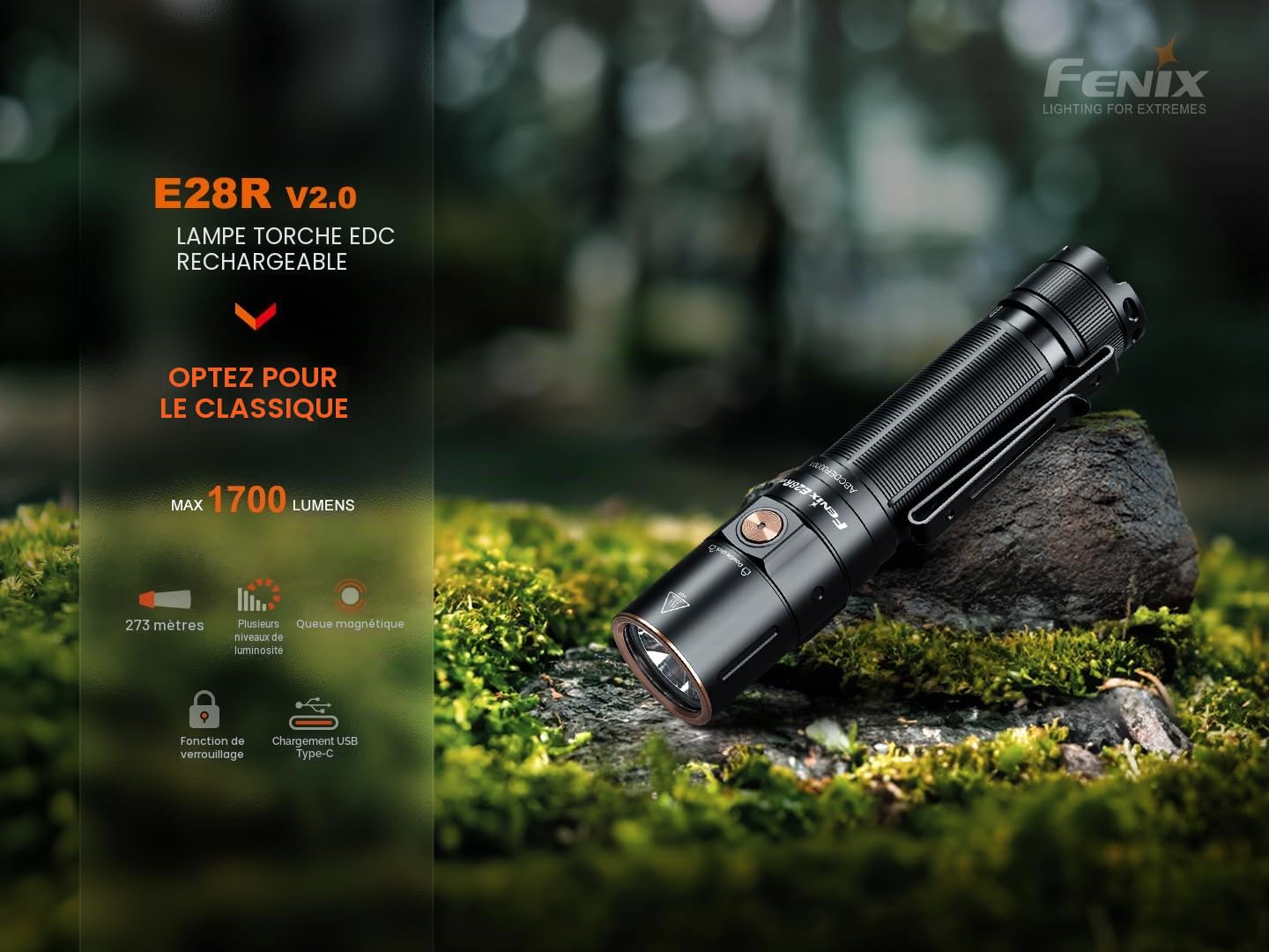fenix E28R v2.0 Lampe torche LED rechargeable multifonction | 1700 lumens | 273 m | 260 heures maximum | Capuchon arrière magnétique | Clip de corps bidirectionnel | IP68