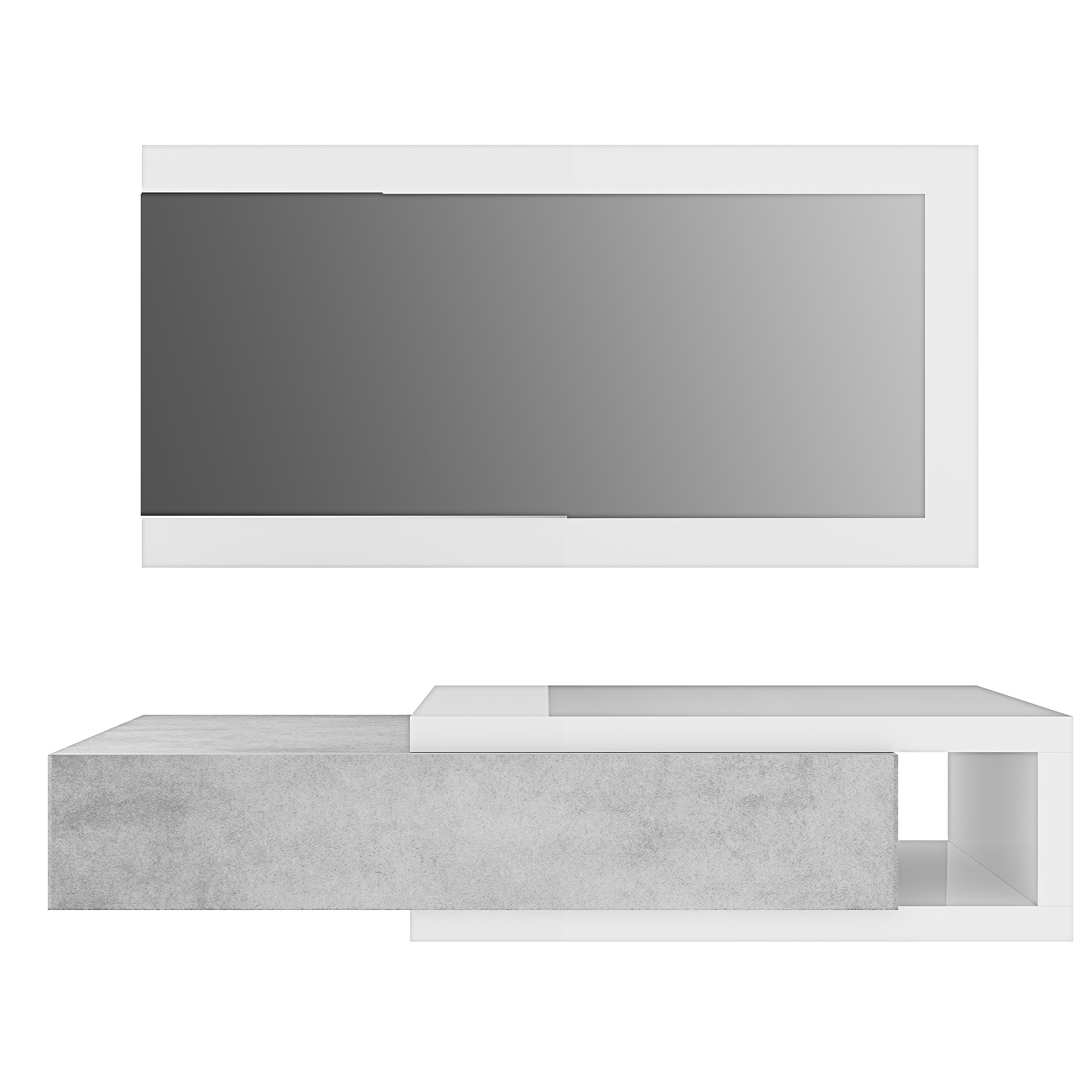 Mobile Maiorca Mobiletto Da Ingresso Sospeso Con Cassetto Mensola e Specchio Arredo Arredamento Sala 81 x 116 x 29 cm Colore Bianco Lucido e Grigio Cemento