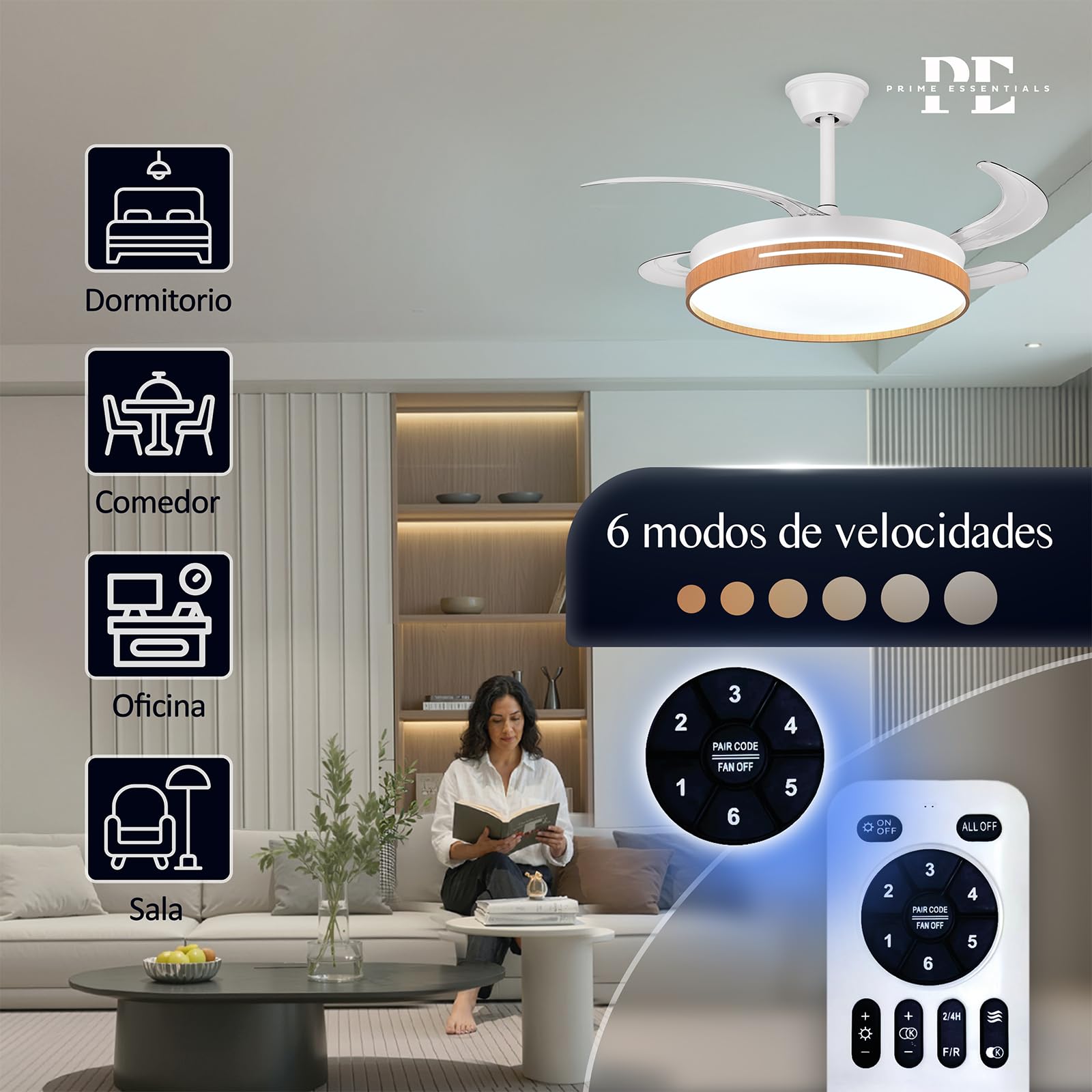 Ventilador de techo 6 en 1 Madera con Luz LED Ajustable 50CM con mando+APP I Ventilador Ultrasilencionso Motor DC + Lampara 66W I 2900 LM I Para techo, salón y dormitorio.