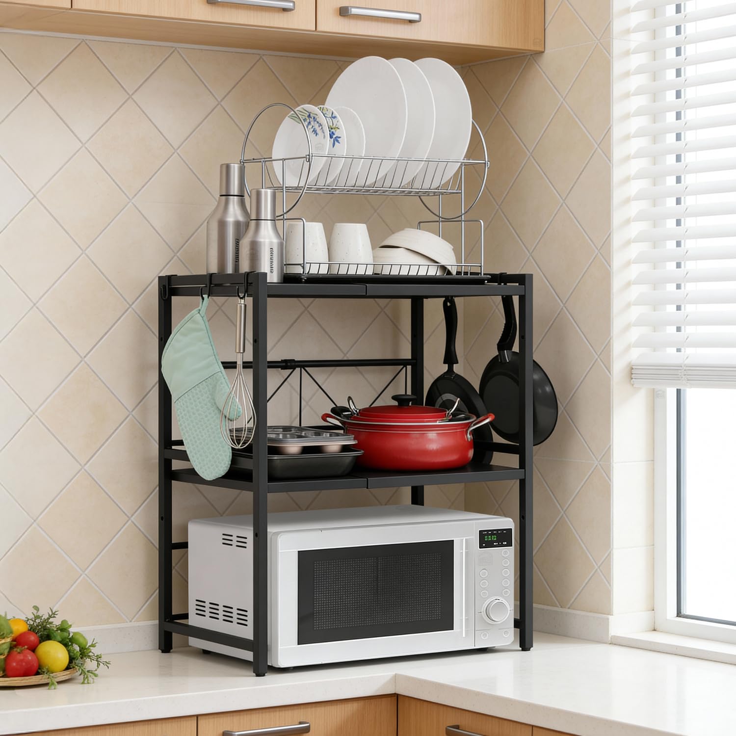 ABOUT SPACE Kitchen Storage Rack -2Tier Expandable & Height Adjustable Microwave Stand with Hooks-Oven Stand for Kitchen Platform-OTG Stand-Countertop Oven Rack (Black-L64.5 x B36.5 x H77 cm - Iron)