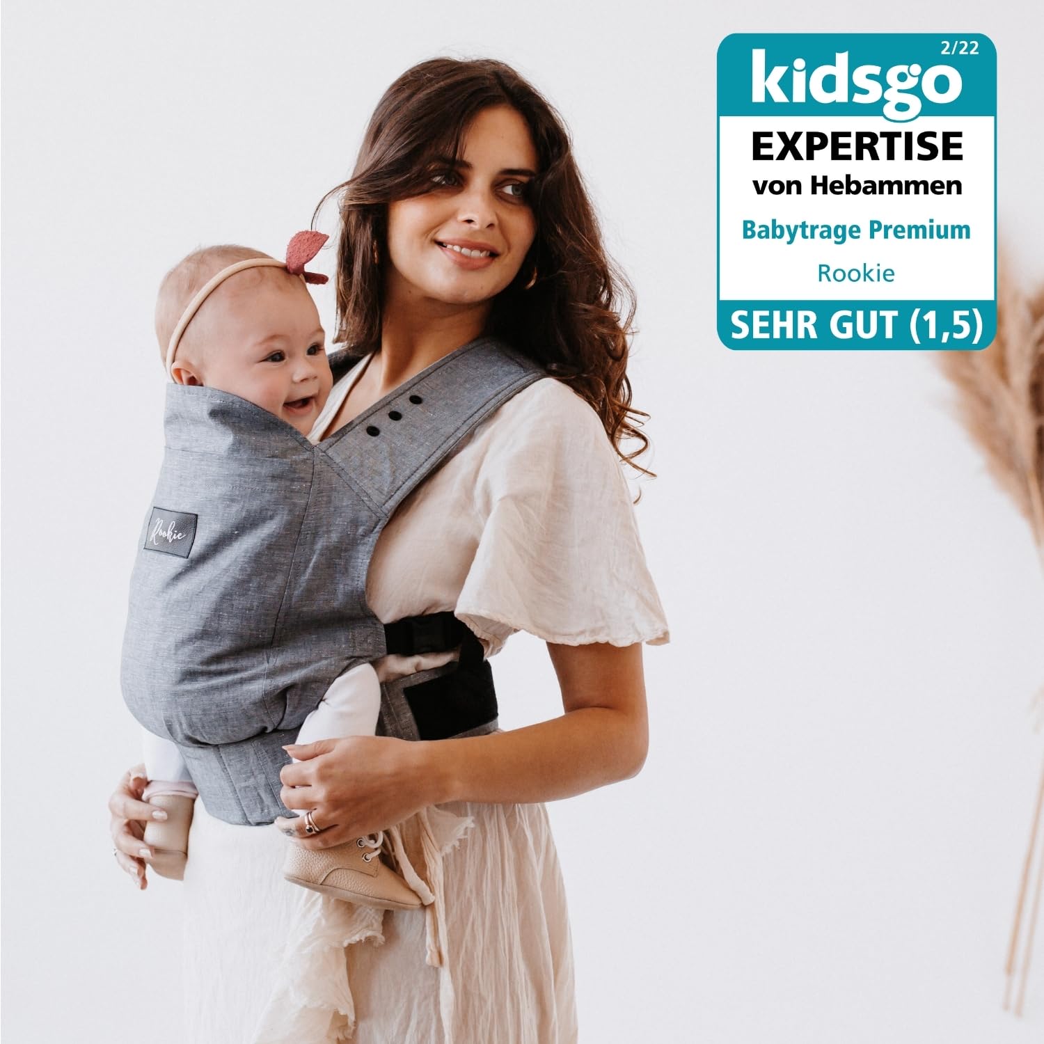 ROOKIE Babytrage Classic Dunkelgrau - Bio Baumwolle Bauchtrage für Neugeborene bis 15kg ergonomisch