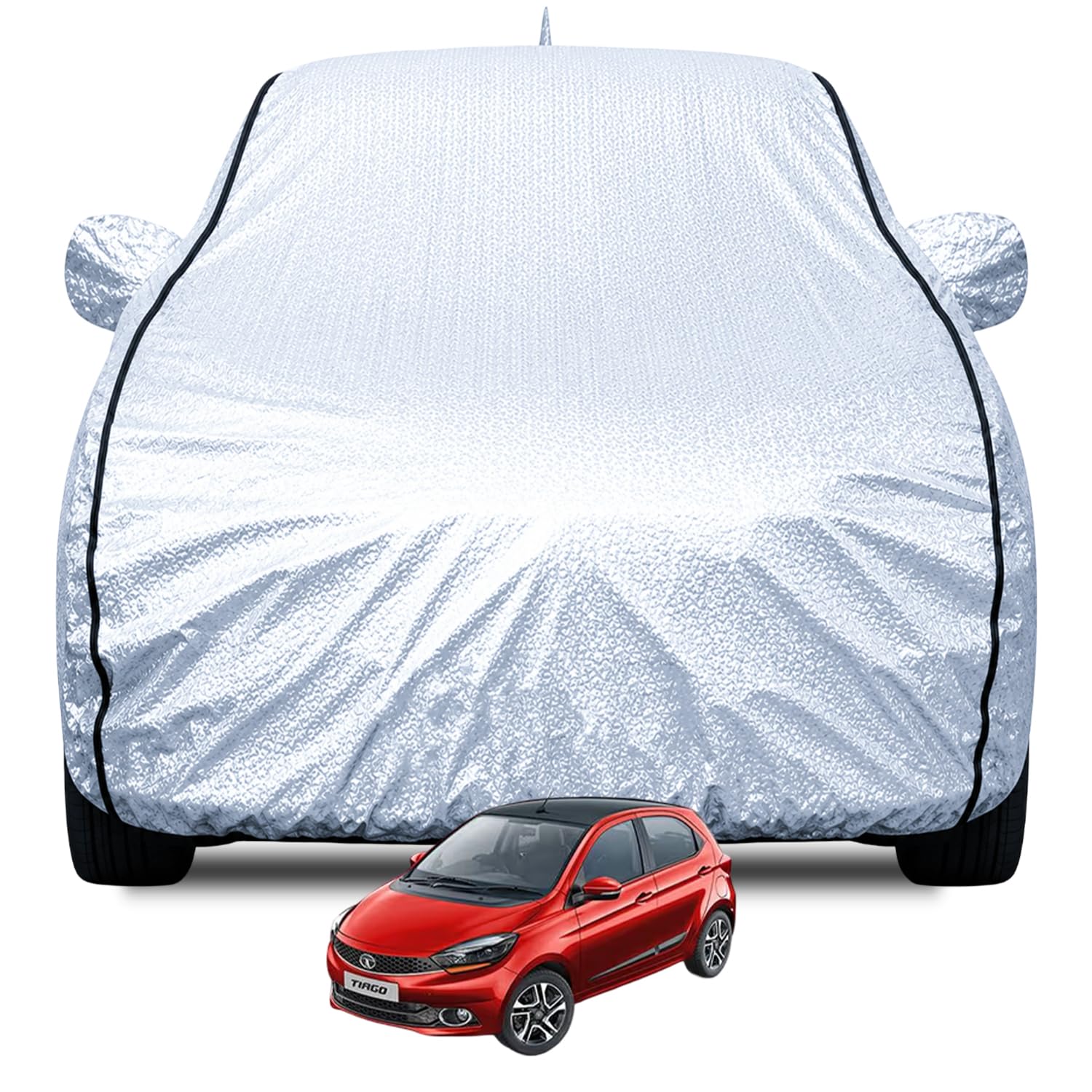 FABTEC Waterproof Car Body Cover for Tata Tiago Old (2016-2019) with Mirror and Front Side Antenna Pocket, Soft Cotton Lining, Triple Stitched (Heat Resistant Metallic Silver with Black Piping)