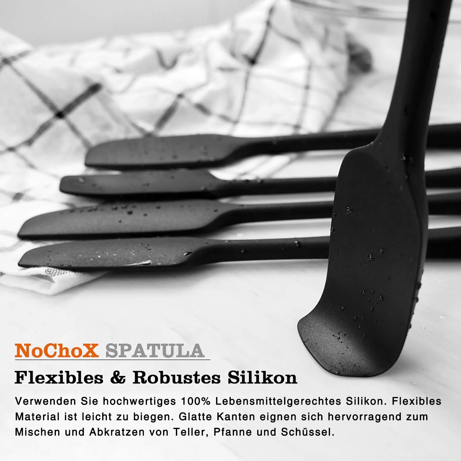 NoChoX 4 Pezzi Spatole in Silicone, Resistente al Calore 500 °F, Spatola da Cucina Utensili con Anima in Acciaio, Senza BPA, Antiaderente, Spatula Silicone per Mescolare, Cuocere e Cucinare, Nero