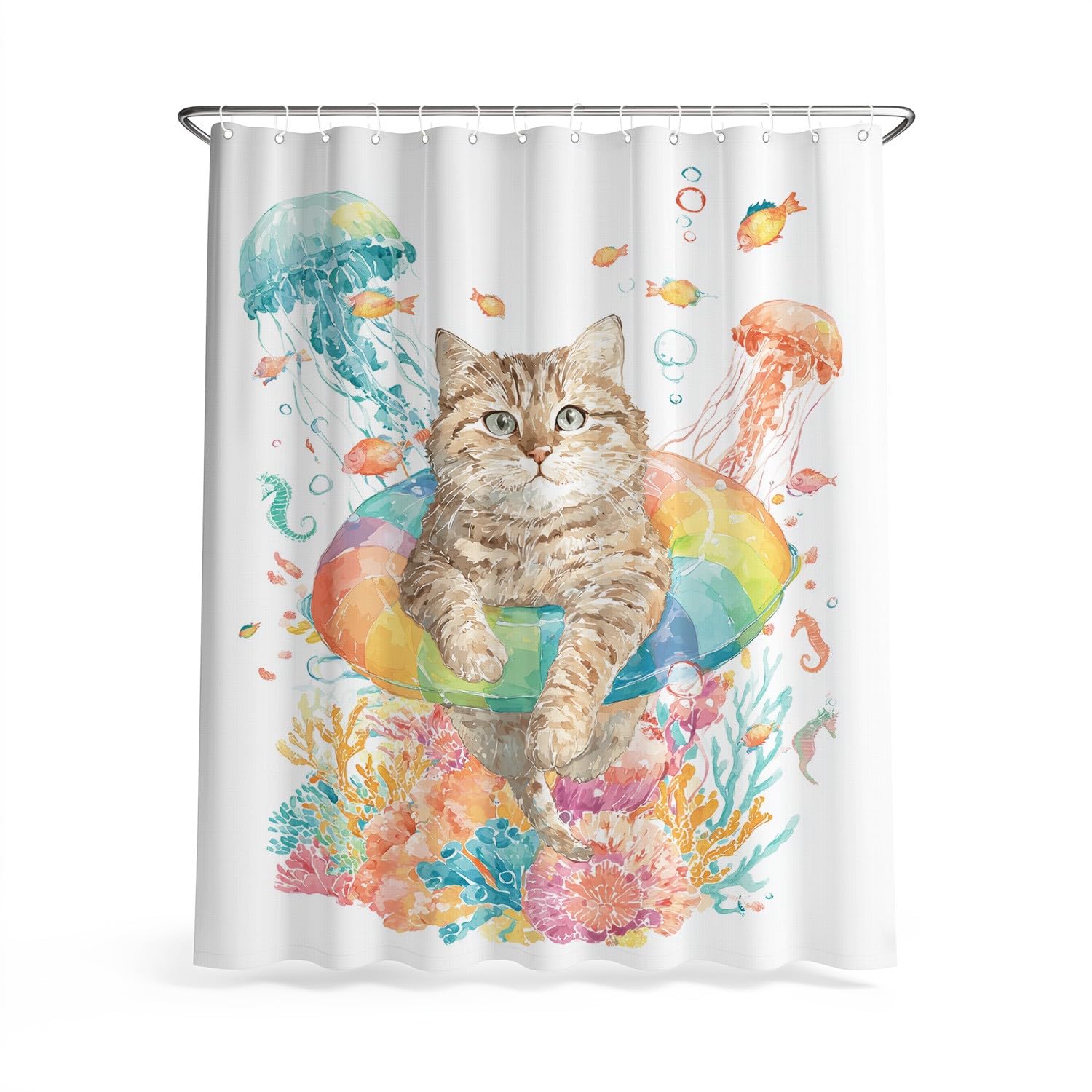 Generico Fantasia Tenda Da Doccia Acquerello Corallo Gatto Multicolore, Tenda Da Doccia Per Bagno, Vasca Da Bagno, Tenda In Poliestere Impermeabile Con Ganci In Plastica, 180 x 200 cm