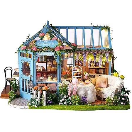 Amazon Moin Moin ドールハウス ミニチュア 手作りキット セット 薔薇庭園のあるティーハウス ケーキ 紅茶 お花 フラワー 花屋 ビニールハウス カフェ イギリス 英国 Ledライト アクリルケース オルゴール セット プラモデル 通販