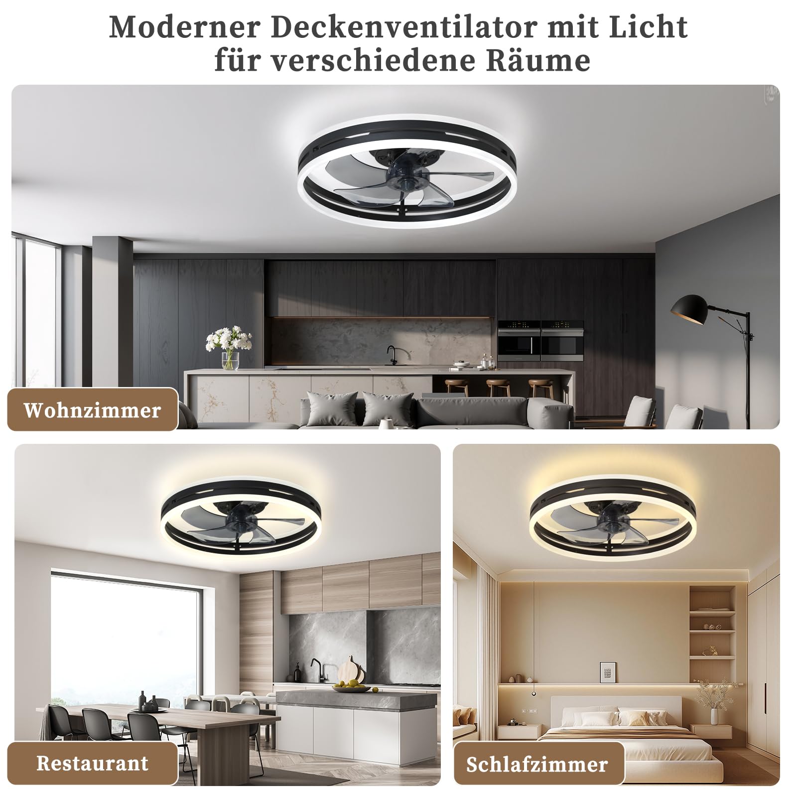 Cichy wentylator sufitowy z oświetleniem, 50 W, ściemniana, lampa sufitowa z pilotem zdalnego sterowania i aplikacją, 6 prędkości, z wentylatorem, timerem, do sypialni, salonu, kolor czarny, 40 cm