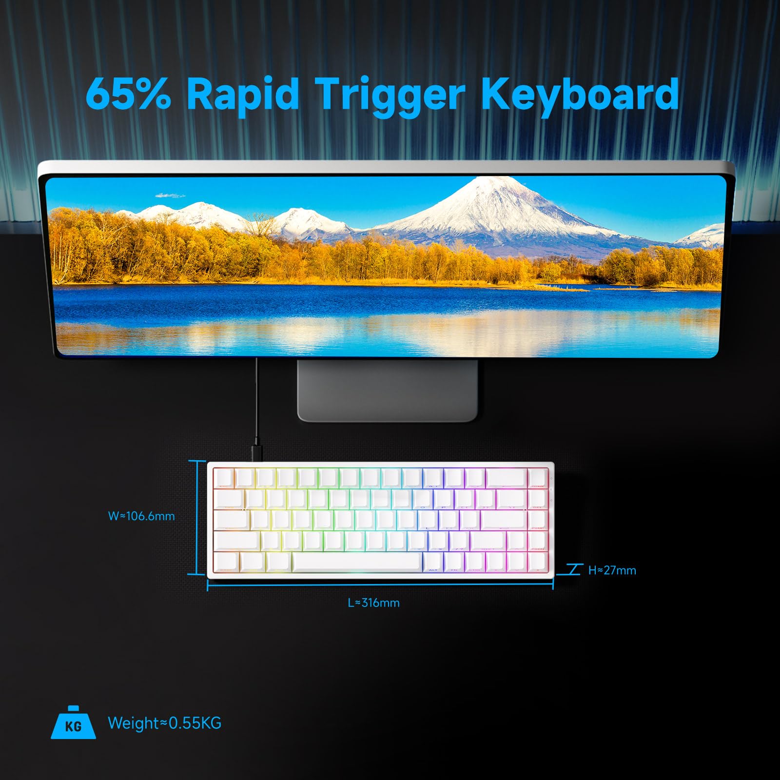 MONSGEEK Klawiatura FUN68 HE Rapid Trigger, czas reakcji 0,005 mm, częstotliwość próbkowania 8000 Hz, przewodowa klawiatura gamingowa RGB 65% z magnetycznymi przełącznikami Glare (Biała) | Biała klawiatura magnetyczna do gier, RT0.005mm, częstotliwość 800