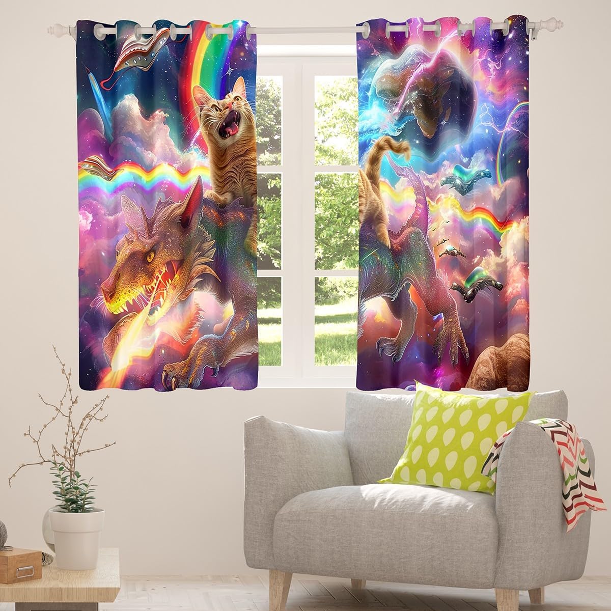 Erosebridal Cat Curtains & Drapes 38" Wx45 L 2 Panels, Dinosaur Curtains for Kids Boys Girls Teens Cute Animal Rainbow Blackout Curtains Bedroom Decor,Outer Space Moon Window Curtains