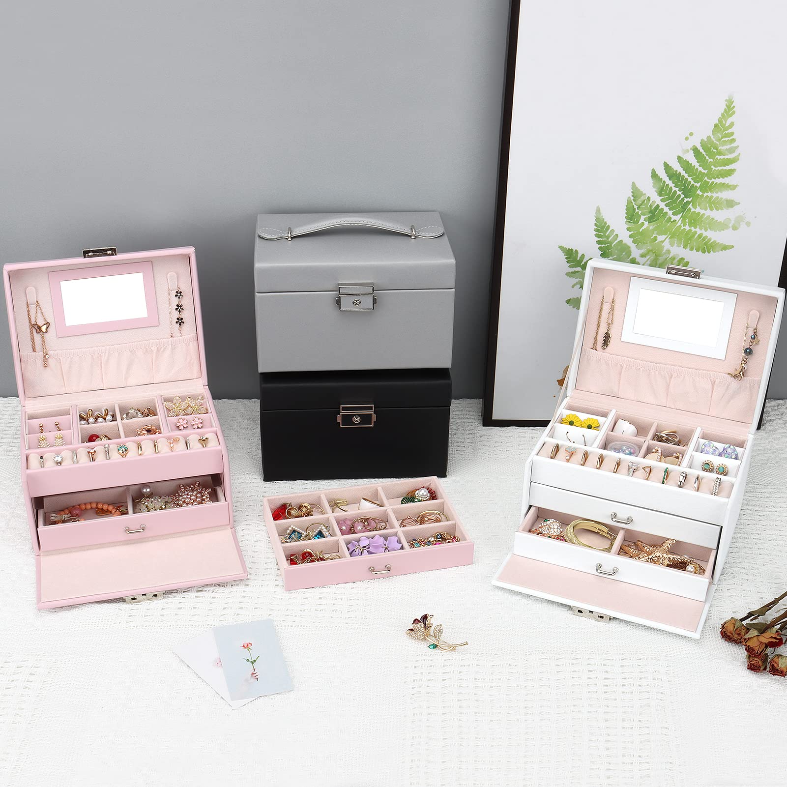 Caja joyero, Organizador de Joyas Grande con Cajón y Cerradura, Organizador Joyas Joyeros Organizador de 3 Niveles con Espejo, Caja organizadora para Collares Pendientes, Anillos, Rosa