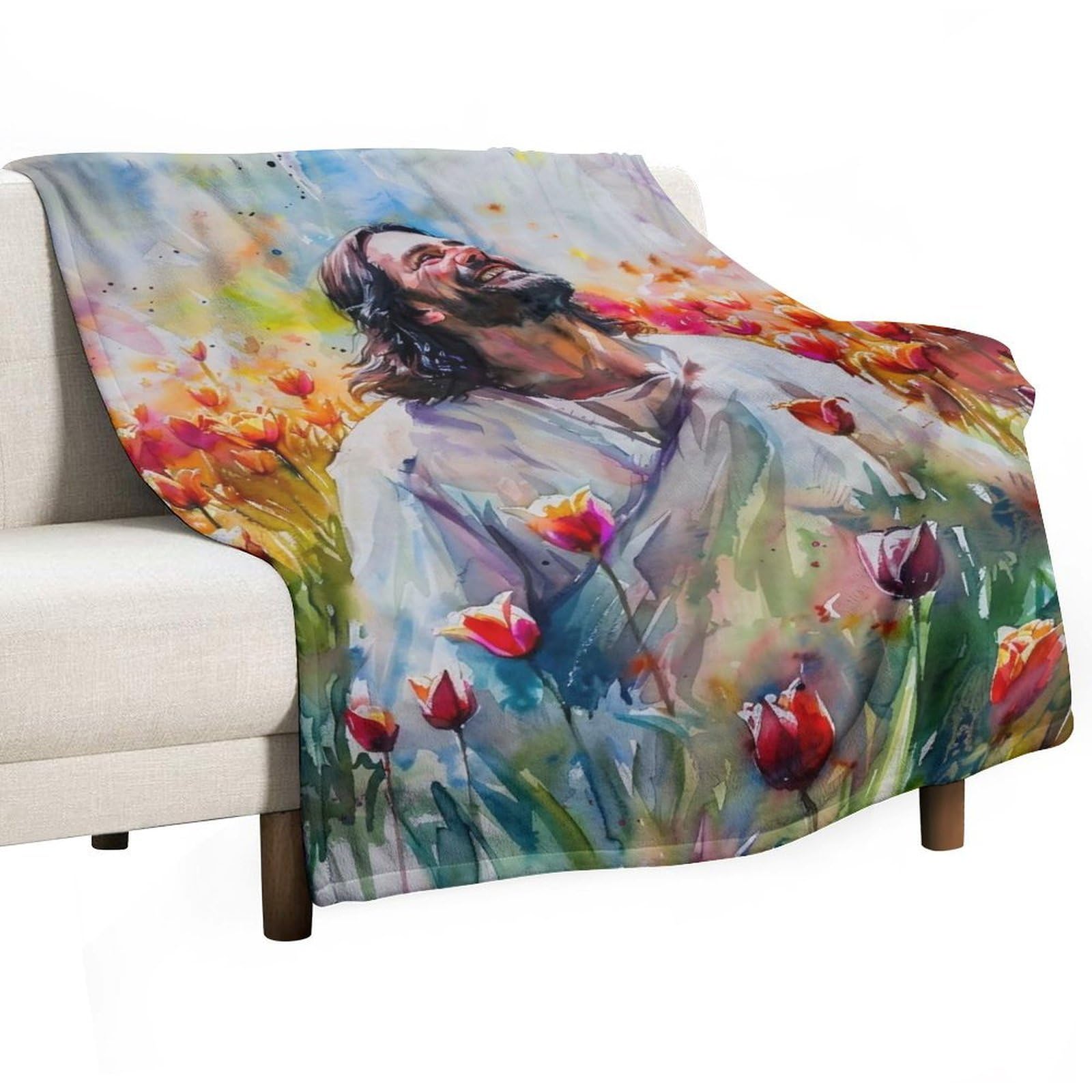 YHGSREUOH Jesus in Tulip Field 03 Flannel Blankets Fleece Soft Throw Lightweight Plush Gifts for Couch, Bed, Cozy Sofa Plush, Chair, Lovers 32x48inch(80x120cm)