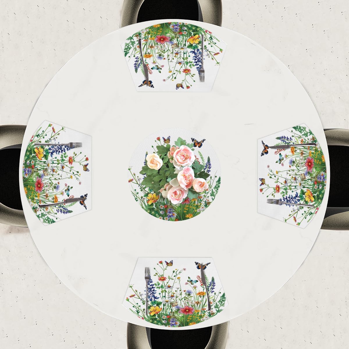 Wedge Placemats Set of 5 Spring Flower Butterfly Floral Heat Resistant 4 Wedge Place Mat and 1 Round Mat Wipeable Washable Plastic PVC Dinner Table Mats for Indoor Kitchen Party Dining Table