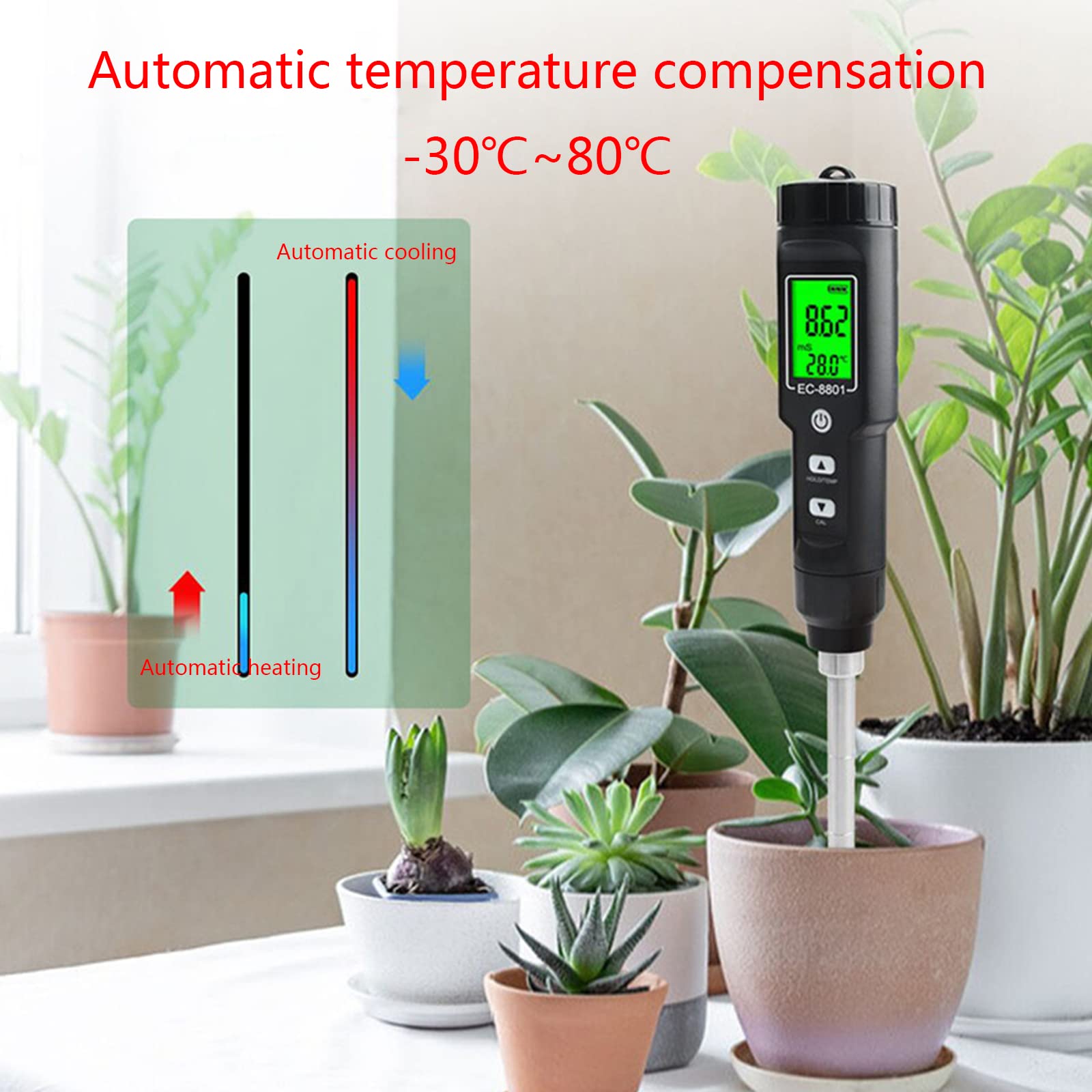 Medidor de salinidad del suelo con sonda larga, higrómetro profesional para macetas grandes, higrómetro agrícola, higrómetro para humidor de puros, termómetro de humedad interior y suelo Ec