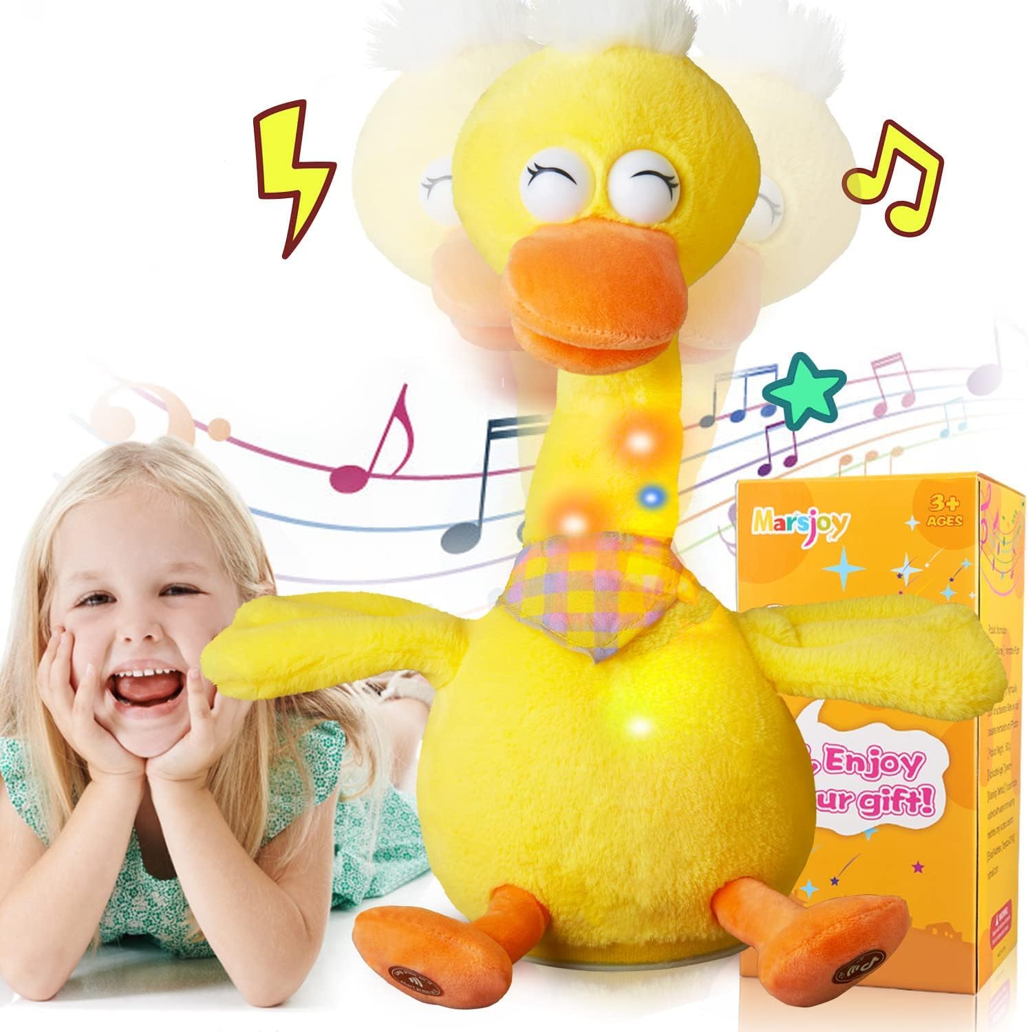 13" Talking Dancing Duck, Repeating What You Say Mimicking Recording Plush Baby Toy Musical English Songs Singing Glowing Animated Twisting Gift of Lighting Up Toy for Boy Kid