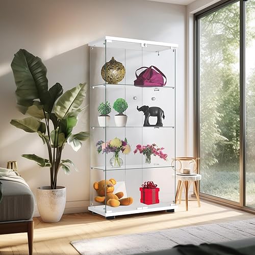 Miniatura 8 de FANYUSHOW Vitrina de cristal de 3 estantes con puerta doble, gabinetes Curio de 0.157in de vidrio templado para dormitorio, sala de estar, 49.1 x