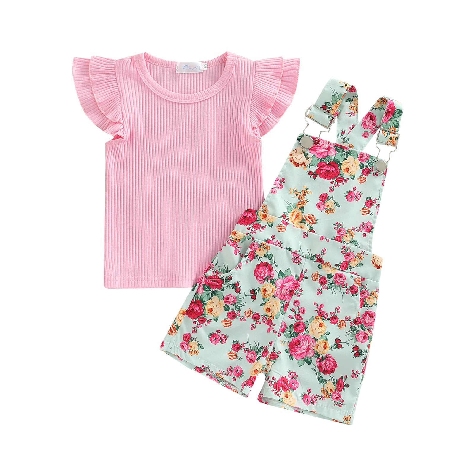 One opening Toddler Baby Girl Overalls Tees Outfit Flutter Sleeve T Shirt+Floral Suspender Overalls Short Pants Summer Clothes (Floral, 6-12 Months)