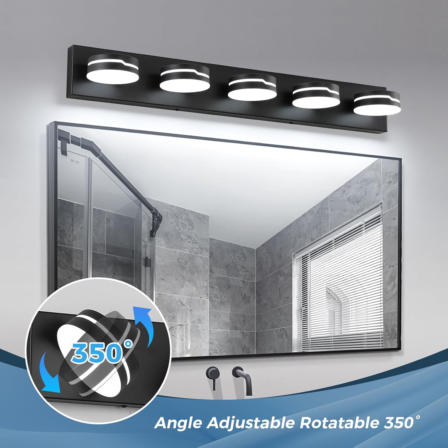 Vanity Lights for Bathroom, 32.28in Matte Black Bathroom Light Fixtures Over Mirror, 5-Light Modern LED Wall Sconce Makeup Lighting, 350° Rotatable, Dimmable 5500K Cool White, Hardwired