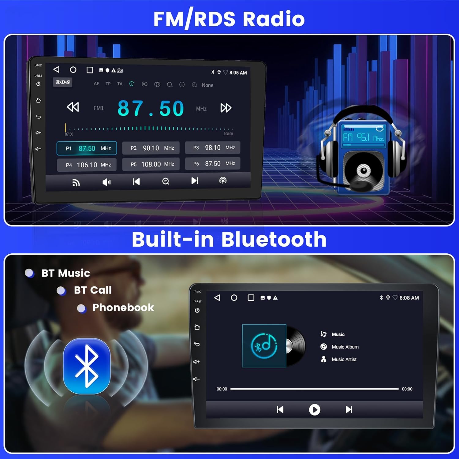 FM/RDS radio interface showing frequency tuning and Bluetooth music playback screen.