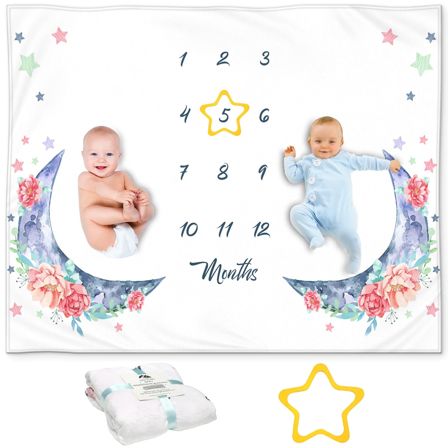 Twin Milestone Blanket 60x40 inch Premium Soft Fleece Floral Moon